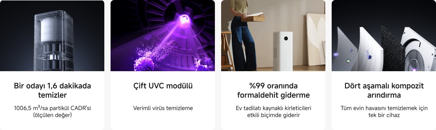 Modern bir oturma odası sahnesi, yerde bir kadın ve bir çocuğun bir köpekle oynadığı, yakınlarda bir hava temizleyici yerleştirilmiş. Arka planda bir kanepe ve perdeler bulunmakta olup, sıcak bir iç mekan ortamı önerilmektedir. Görüntü ayrıca hava arıtma özellikleri ve sertifikaları hakkında teknik detaylar içermektedir.