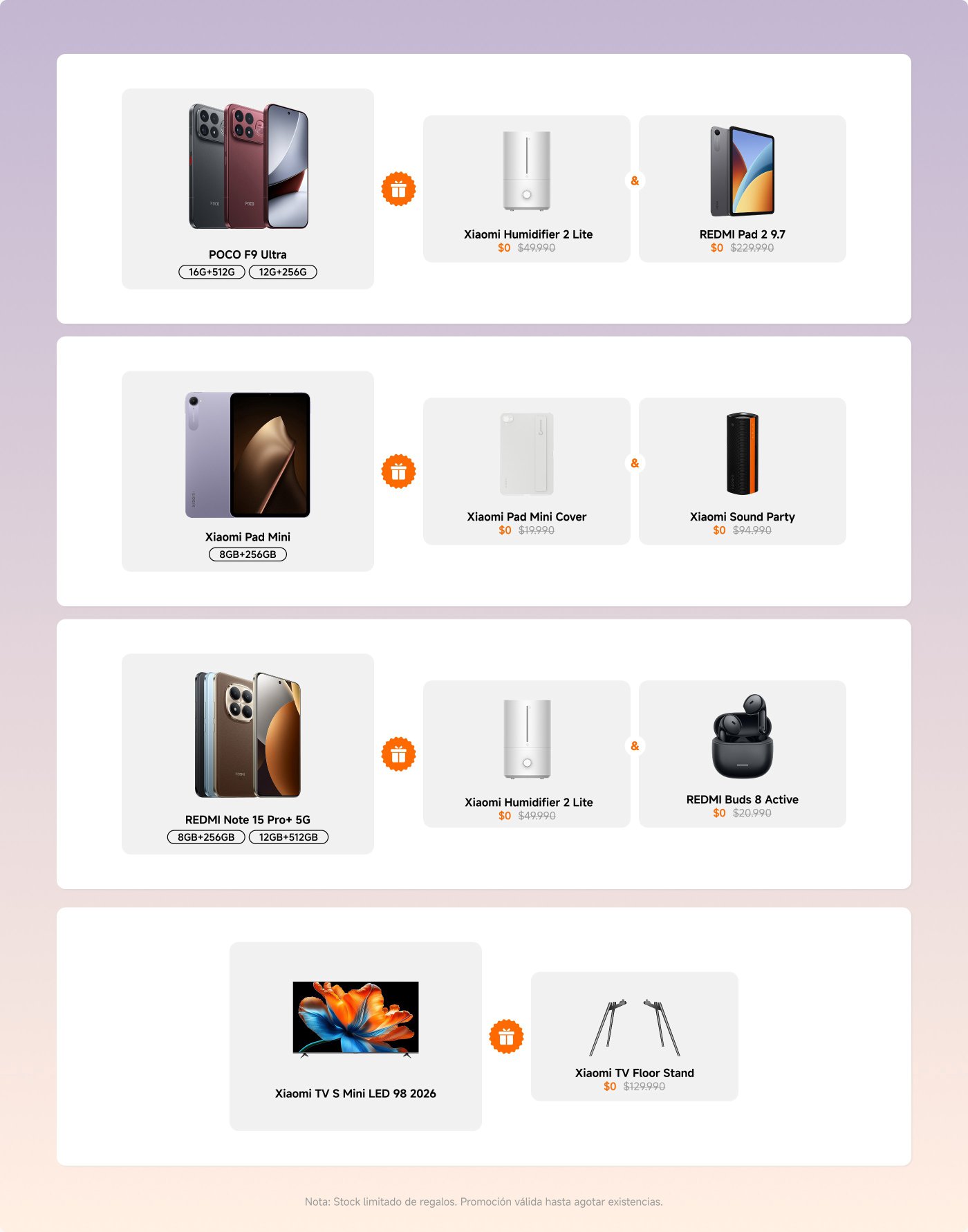 La imagen muestra una serie de productos de Xiaomi, incluyendo el teléfono POCO F9 Ultra, la tableta Xiaomi Pad 2.7, la tableta Xiaomi Pad Mini, el teléfono REDMI Note 15 Pro+ 5G y el televisor Xiaomi TV S Mini LED 98 2026, entre otros. Junto a cada producto hay una etiqueta con el precio y la información de promociones, como que el precio de algunos accesorios y dispositivos es de $0, mostrando ofertas por stock limitado.