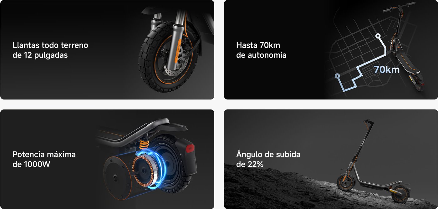 La imagen presenta características de un patinete eléctrico. Incluye llantas todo terreno de 12 pulgadas, una autonomía de hasta 70 km, una potencia máxima de 1000W, y un ángulo de subida de 22%.