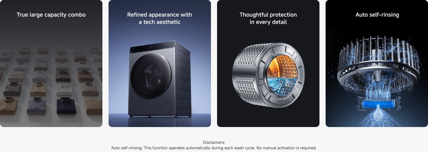 A promotional image showcasing a washing machine with various features:
- Top left: "True large capacity combo" with neatly arranged shirts in the background.
- Top right: "Refined appearance with a tech aesthetic," displaying a modern washing machine.
- Bottom left: "Thoughtful protection in every detail," featuring a close-up of a component.
- Bottom right: "Auto self-rinsing," illustrating a rinsing mechanism.
A disclaimer notes that the auto self-rinsing function operates automatically during each wash cycle without manual activation.