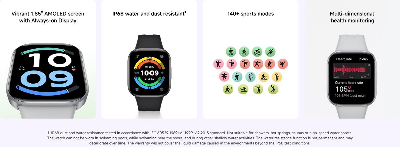 The image features a smartwatch advertisement showcasing its key features:
- A vibrant 1.85" AMOLED screen with an always-on display.
- IP68 water and dust resistance.
- Over 140 sports modes represented by various icons.
- Multi-dimensional health monitoring with heart rate tracking.
Additional details clarify the limitations of the water resistance feature.