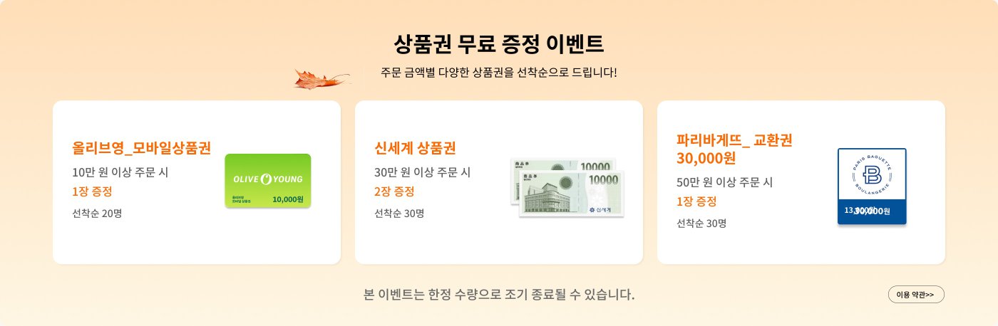 쿠폰 무료 증정 행사, 주문 금액에 따라 다양한 상품 쿠폰을 받을 수 있습니다:
1. **OLIVE YOUNG 모바일 상품 쿠폰**:
- 주문이 100,000 원 이상일 경우, 1장 증정.
- 선착순, 20명 한정.
2. **신세계 상품 쿠폰**:
- 주문이 300,000 원 이상일 경우, 2장 증정.
- 선착순, 30명 한정.
3. **파리바게뜨 교환권**:
- 주문이 500,000 원 이상일 경우, 1장 증정.
- 선착순, 30명 한정.
본 행사는 실제 상황에 따라 조정될 수 있습니다.