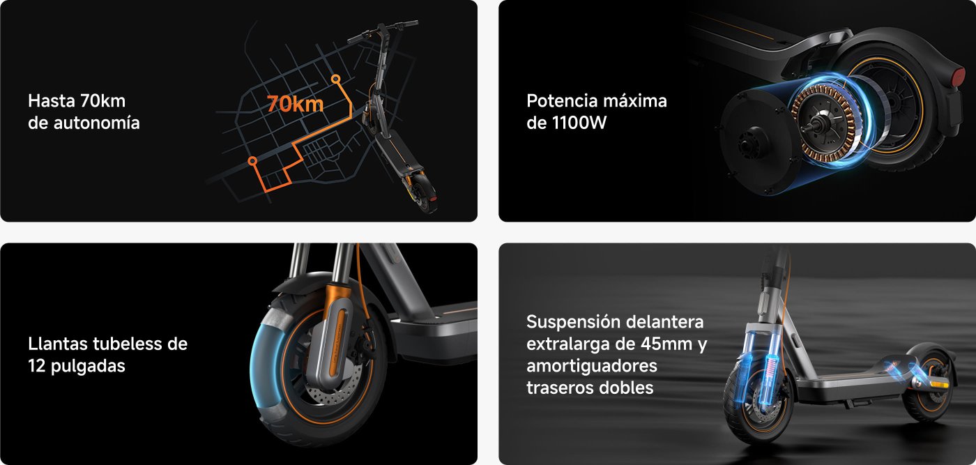 La imagen presenta características de un scooter eléctrico:
- Llantas todoterreno de 12 pulgadas.
- Autonomía de hasta 70 km.
- Potencia máxima de 1000W.
- Capacidad para subir pendientes de hasta 22%.