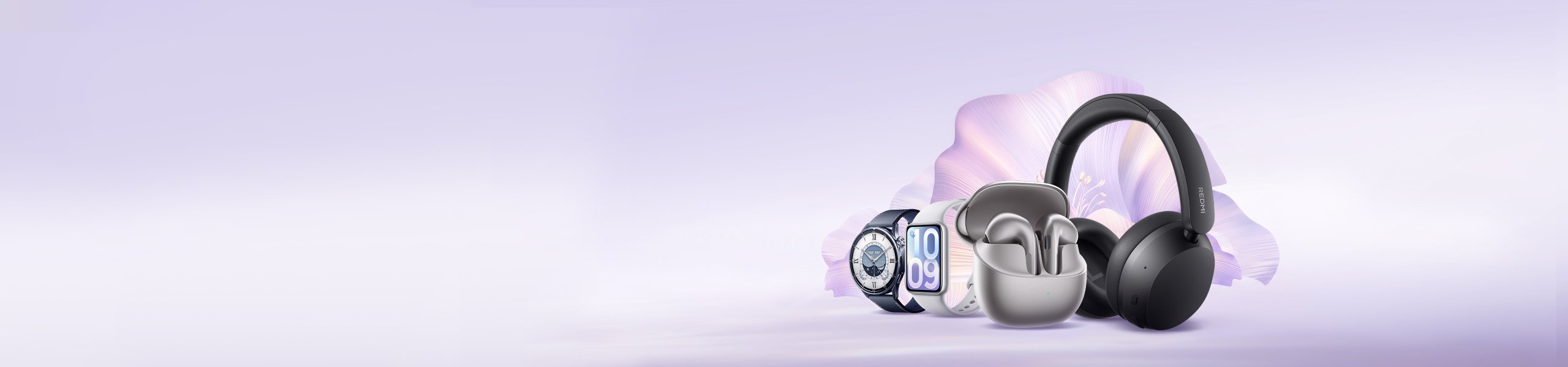 A display of modern household appliances, including a washing machine, refrigerator, air purifier, smart robotic vacuum cleaner, and air fryer, with a background of soft gradient colors.