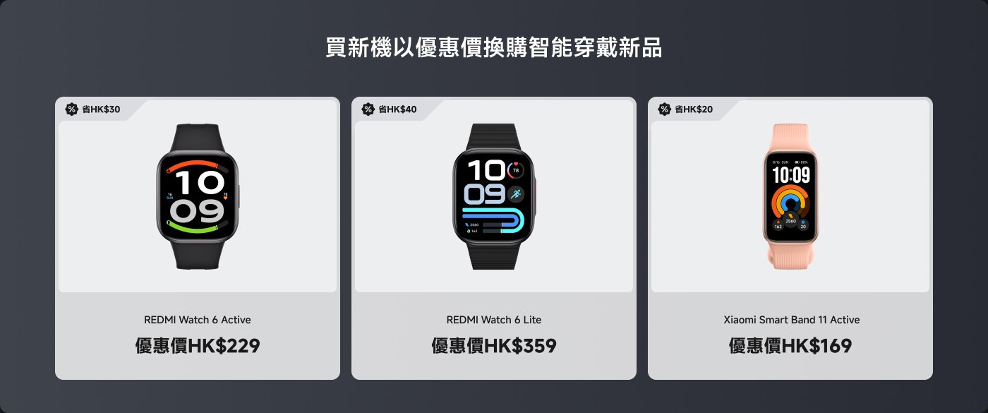 多款智能手表和手环的促销信息,包括:
1. **REDMI Watch 6 Active** - 優惠價 HK$229
2. **REDMI Watch 6 Lite** - 優惠價 HK$359
3. **Xiaomi Smart Band 11 Active** - 優惠價 HK$169
每款產品旁邊都有節省金額的提示。