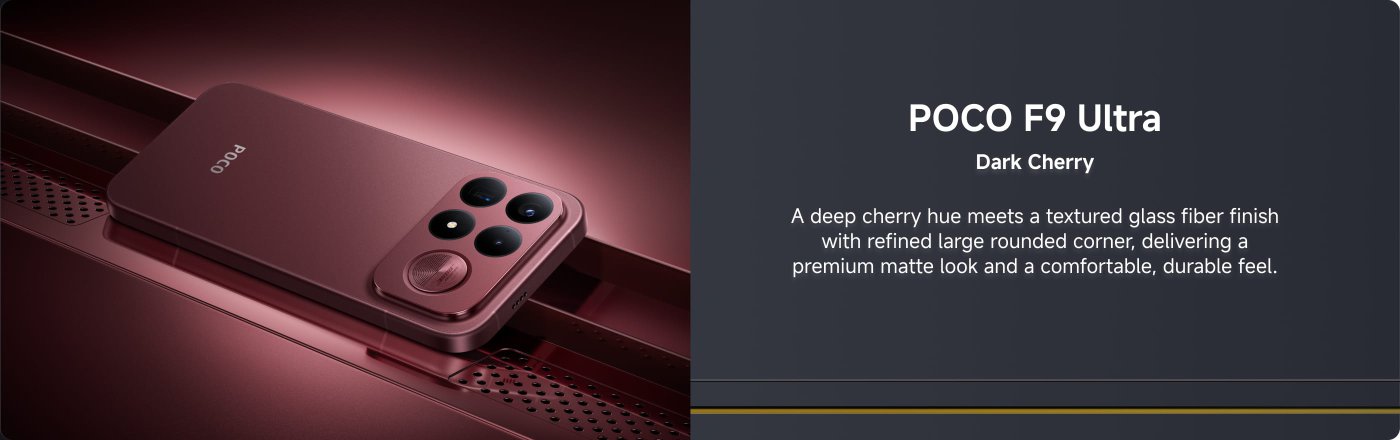 The POCO F9 Ultra smartphone features a deep cherry red color, with a textured glass fiber surface and a large rounded corner design, offering an elegant matte finish and a comfortable, durable feel.