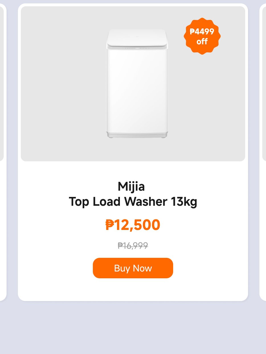 A white top load washer with a capacity of 13kg is displayed. The price is ₱12,500, with a discount of ₱4,499 from the original price of ₱16,999. There is a "Buy Now" button prominently featured.