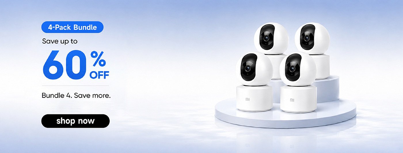 Promotional image for a 4-pack bundle of cameras, offering up to 60% off. The text highlights the savings and encourages customers to shop now. The cameras are displayed on a circular platform against a soft blue background.