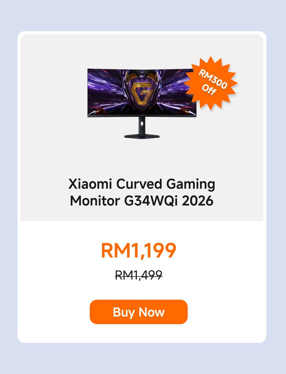 Xiaomi Curved Gaming Monitor G34WQi 2026 is currently priced at RM1,199, down from the original price of RM1,499, offering a discount of RM300. The button is labeled "Buy Now."