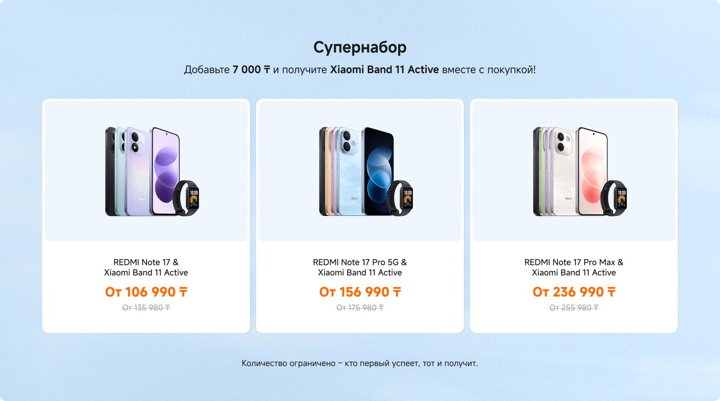 Супернабор включает в себя три модели смартфонов REDMI Note 17 с Xiaomi Band 11 Active.
1. **REDMI Note 17**: от 106 990 ₸ (изначальная цена 135 980 ₸).
2. **REDMI Note 17 Pro 5G**: от 156 990 ₸ (изначальная цена 175 980 ₸).
3. **REDMI Note 17 Pro Max**: от 236 990 ₸ (изначальная цена 255 980 ₸).
Добавьте 7 000 ₸ к покупке, чтобы получить Xiaomi Band 11 Active. Количество ограничено.