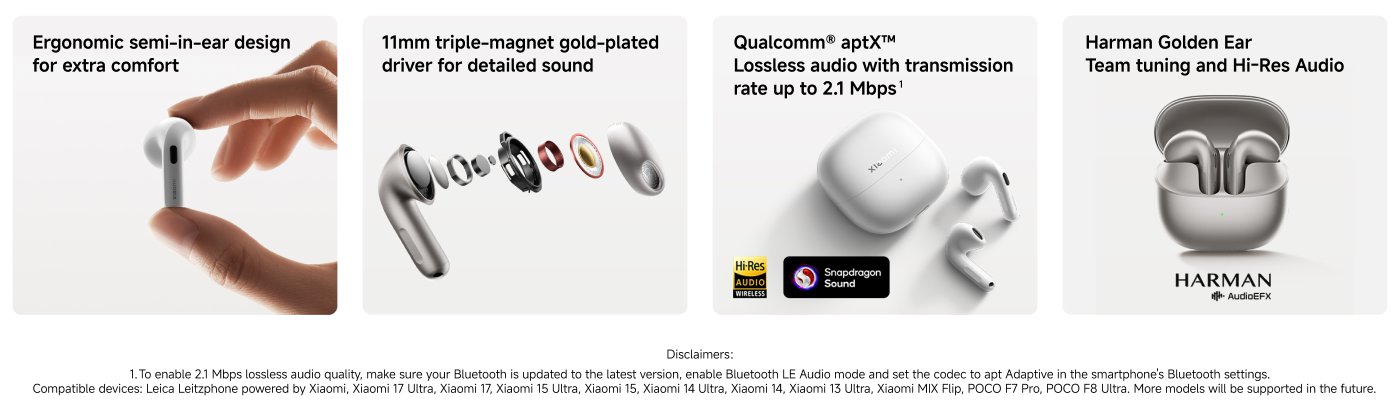 The image showcases features of wireless earbuds, highlighting their ergonomic design for comfort, an 11mm driver for sound quality, Qualcomm aptX™ for lossless audio, and Harman tuning for high-resolution sound. There are also compatibility details and disclaimers at the bottom.