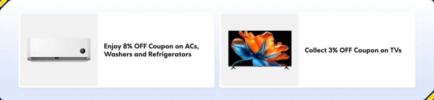On the left side, an air conditioner is displayed, while the right side provides promotional information: a discount of 8% is available for purchasing an air conditioner, a washing machine, and a refrigerator; a discount of 3% is available for purchasing a television.
