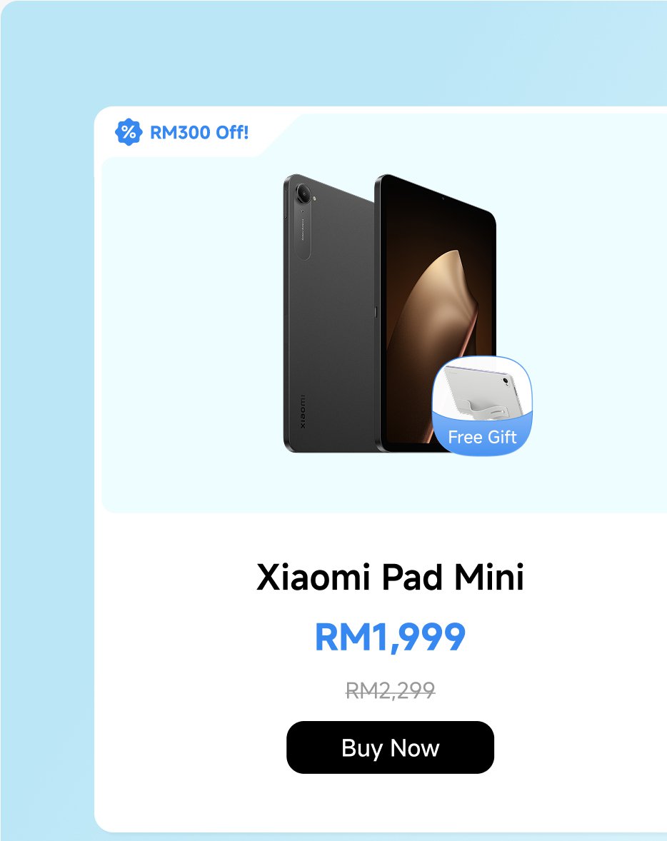 Promotion information for the Xiaomi Pad Mini shows a discount of RM300, with the current price at RM1,999, the original price at RM2,299, and a free gift included.