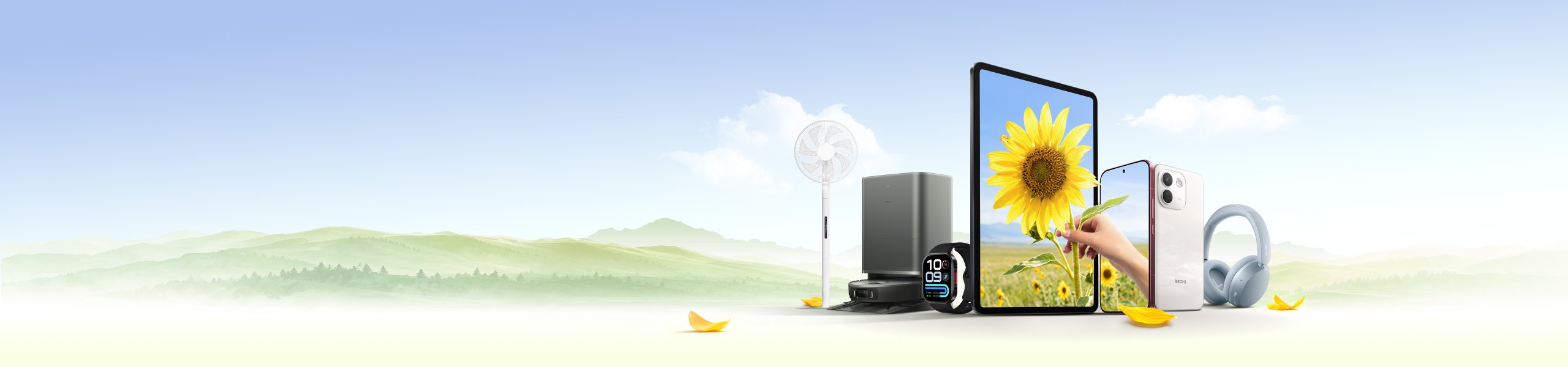 草原の上にテントがあり、その隣にテーブルといくつかの電子製品、携帯電話、ヘッドフォン、スーツケース、腕時計があります。背景は青空と水面です。