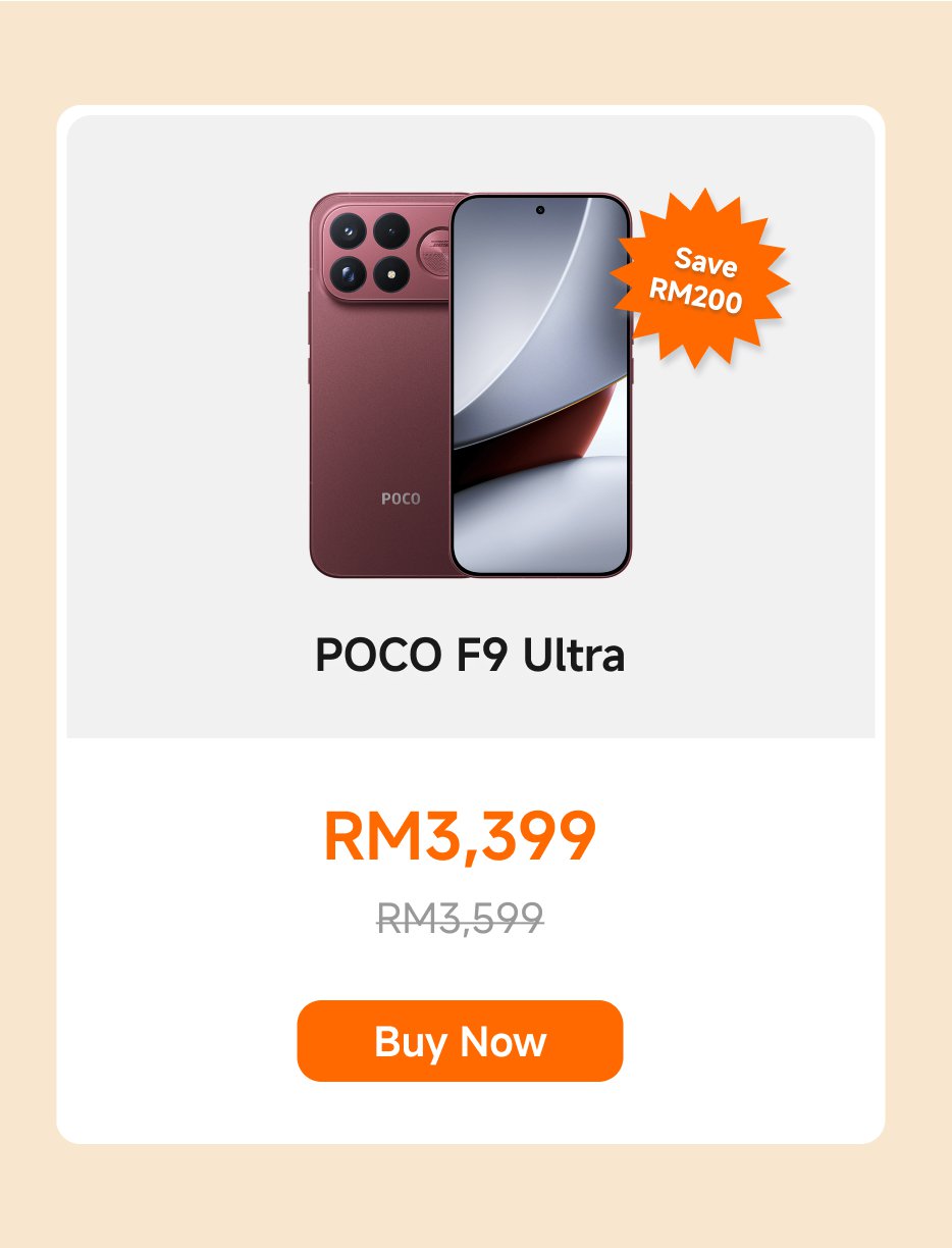 The image displays a promotional advertisement for the POCO F9 Ultra smartphone. It highlights a discounted price of RM3,399, saving RM200 from the original price of RM3,599. A "Buy Now" button is also featured prominently.