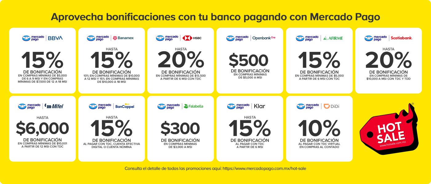 Aprovecha bonificaciones con tu banco al pagar con Mercado Pago. Ofertas incluyen hasta 20% de bonificación con HSBC, 15% con BBVA y Banamex, y bonificaciones de hasta $6,000 con Mitel. Consulta más en el sitio web de Hot Sale.