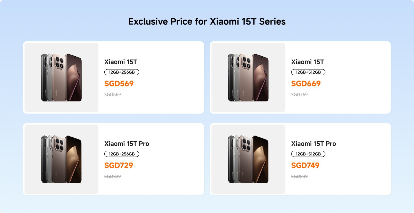 Promotional display for the Xiaomi 15T series featuring:
1. **Xiaomi 15T**:
- 12GB RAM + 256GB Storage
- Price: SGD 569 (previously SGD 669)
2. **Xiaomi 15T**:
- 12GB RAM + 512GB Storage
- Price: SGD 669 (previously SGD 769)
3. **Xiaomi 15T Pro**:
- 12GB RAM + 256GB Storage
- Price: SGD 729 (previously SGD 829)
4. **Xiaomi 15T Pro**:
- 12GB RAM + 512GB Storage
- Price: SGD 749 (previously SGD 899)
The background is a light blue, emphasizing the exclusive prices.