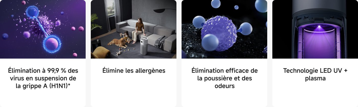 Illustration de la technologie de purification de l'air avec un accent sur l'élimination des virus, des allergènes, de la poussière et des odeurs. Le design présente une représentation visuelle des virus et des particules, accompagnée d'une image d'une femme et d'un enfant avec un chien, soulignant l'utilisation de l'appareil dans un environnement domestique.