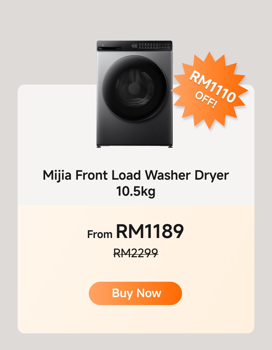 Mijia 10.5kg front-loading washing and drying machine, original price RM2299, current price RM1189, discount RM1110. Offers an "Buy Now" option.