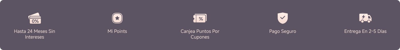 Gráfico promocional destacando cinco características:
1. **0% de interés**: Financiamiento disponible por hasta 24 meses.
2. **Puntos Mi**: Gana puntos para beneficios futuros.
3. **Cupones**: Canjea puntos por descuentos.
4. **Pago seguro**: Garantía de transacción segura.
5. **Entrega**: Artículos entregados en 2-5 días.