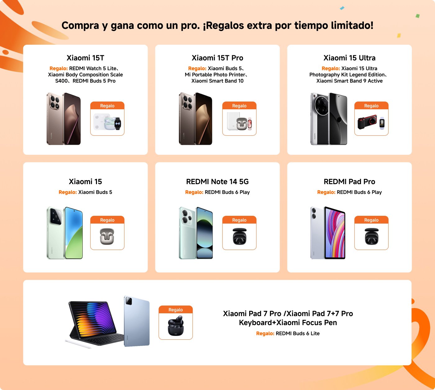 Disfruta de descuentos de nivel profesional en las compras, los regalos limitados incluyen varios modelos de teléfonos Xiaomi y Redmi, junto con auriculares, pulseras inteligentes, cámaras, etc. Al comprar el Xiaomi 15T, recibirás un regalo como el REDMI Watch 5 Lite, y otros modelos también tienen regalos correspondientes.