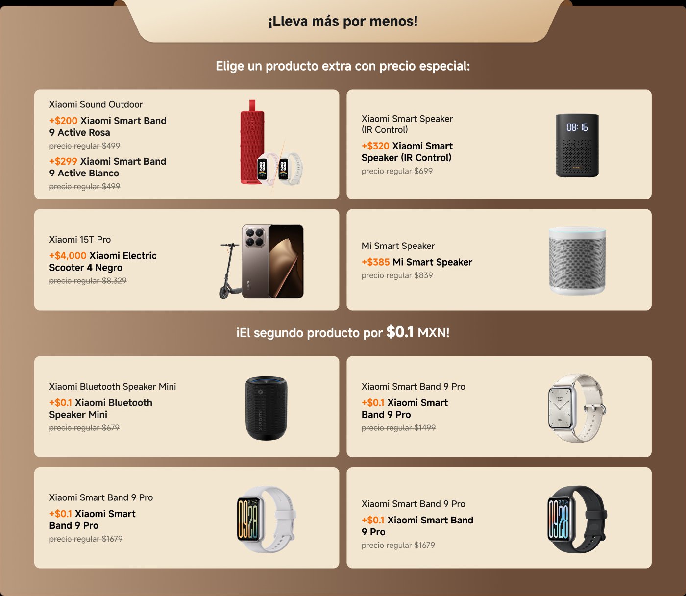 La promoción muestra una variedad de productos de Xiaomi, los usuarios pueden elegir productos adicionales a precios reducidos, incluyendo altavoces Xiaomi, relojes inteligentes y patinetes eléctricos, entre otros. El segundo artículo cuesta solo 0.1 pesos mexicanos.