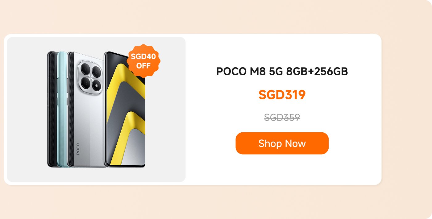 Promotional advertisement for the POCO M8 5G smartphone featuring 8GB RAM and 256GB storage. The price is SGD 319, reduced from SGD 359, with a SGD 40 discount. A "Shop Now" button is included for purchasing.
