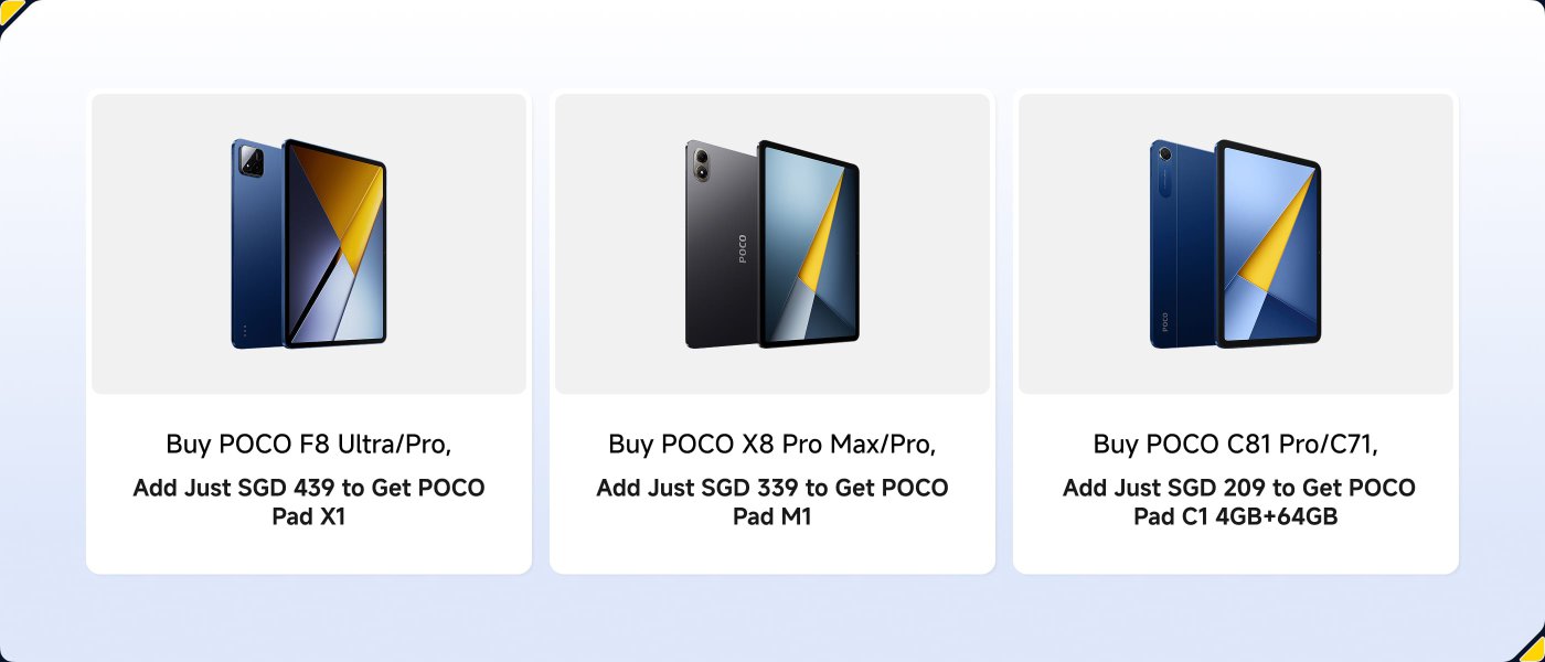 Promotional offer for POCO smartphones:
1. **Buy POCO X8 Pro Max** - Get a FREE Xiaomi Power Bank 10000mAh (Integrated Cable).
2. **Buy POCO X8 Pro** - Get a FREE Xiaomi Power Bank 10000mAh (Integrated Cable).
3. **Buy POCO M8 Pro 5G** - Get a FREE Xiaomi Power Bank 10000mAh 22.5W Lite.
4. **Buy POCO M8 5G** - Get a FREE Xiaomi Power Bank 10000mAh 22.5W Lite.
5. **Buy POCO C81 Pro** - Get a FREE Xiaomi Type-C Earphones.
6. **Buy POCO C71** - Get a FREE Xiaomi Type-C Earphones.