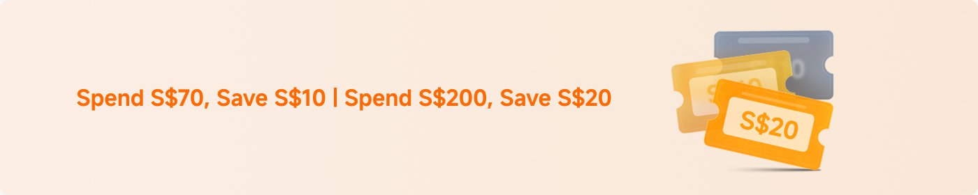 Spend S$70, Save S$10 | Spend S$200, Save S$20. The image features colorful discount cards in the foreground against a light background.