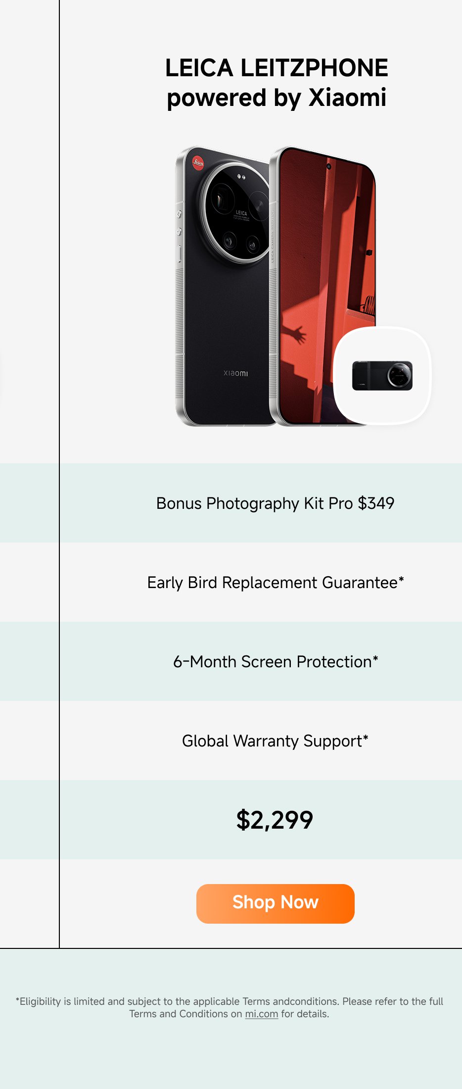 LEICA LEITZPHONE, supported by Xiaomi. Includes an additional photography kit ($349), early bird replacement guarantee, 6-month screen protection, and global warranty support. Priced at $2,299. Click "Buy Now" for more information.