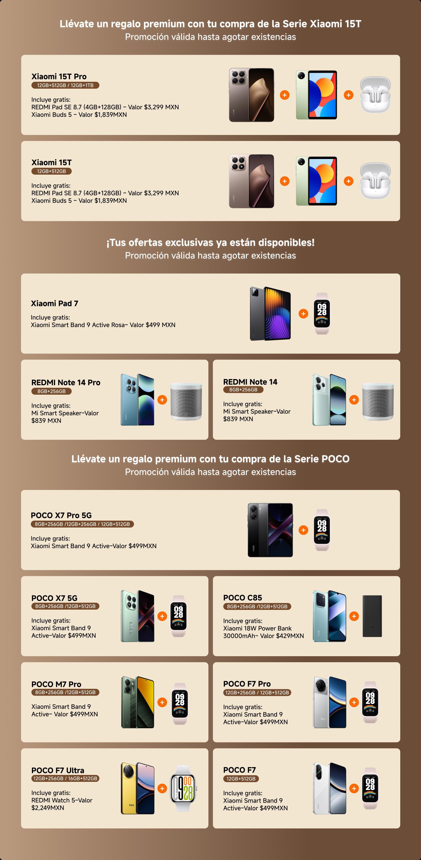 Al comprar un teléfono de la serie Xiaomi 15T, puedes obtener regalos gratis, incluidos los Xiaomi Buds y el REDMI Pad SE. Otras ofertas incluyen regalos para teléfonos de la serie POCO, como la Xiaomi Smart Band 9 Active y una batería externa. La promoción es válida hasta agotar existencias.