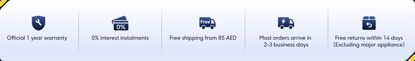 The image highlights several key customer service features:
- Official 1-year warranty
- 0% interest installments
- Free shipping for orders over 85 AED
- Most orders arrive in 2-3 business days
- Free returns within 14 days (excluding major appliances)