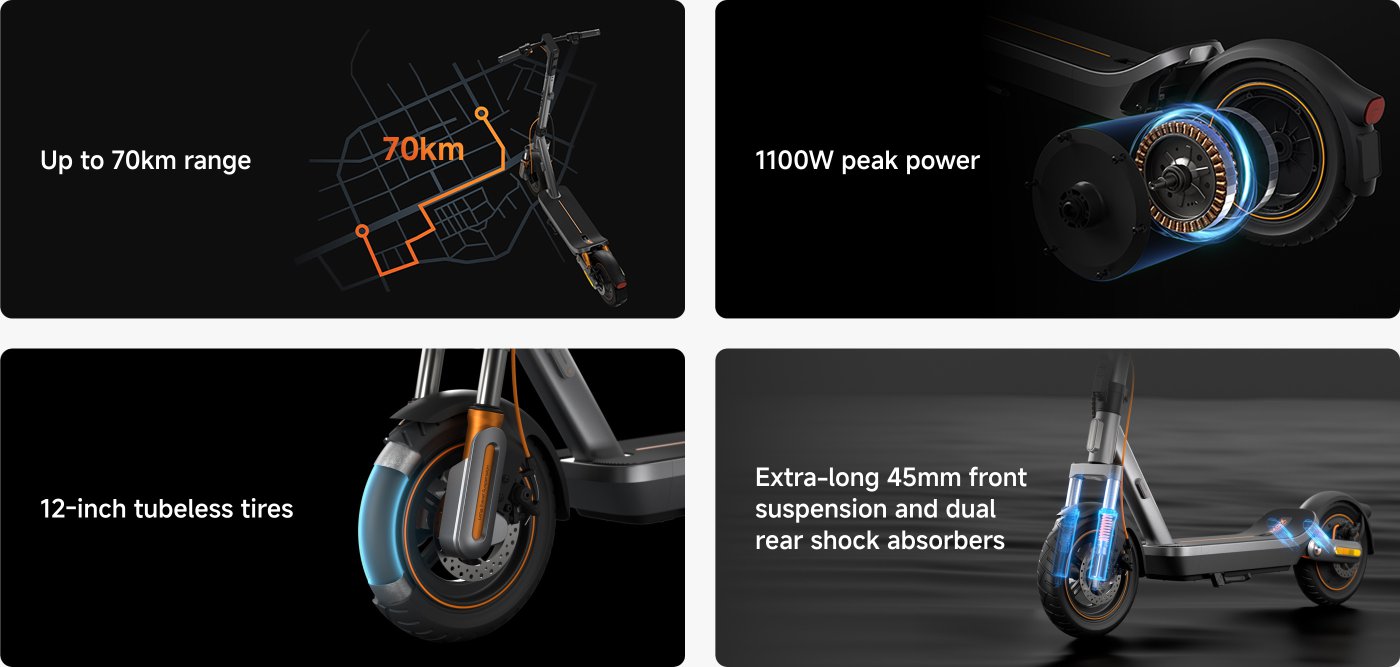The image features a high-performance electric scooter with several key specifications: 

- **Range:** Up to 70 km
- **Power:** 1100W peak power
- **Tires:** 12-inch tubeless tires
- **Suspension:** Extra-long 45mm front suspension and dual rear shock absorbers

These elements highlight the scooter's design for durability and performance.