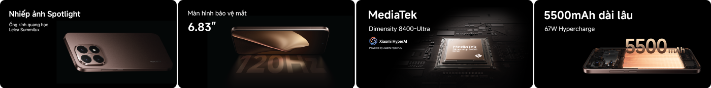 Thiết kế mặt sau của điện thoại rất tinh xảo, được trang bị bốn ống kính, sử dụng chip MediaTek Dimensity 8400, hỗ trợ công nghệ Xiaomi HyperAI, nhấn mạnh sự thanh lịch và tính năng của thiết bị.