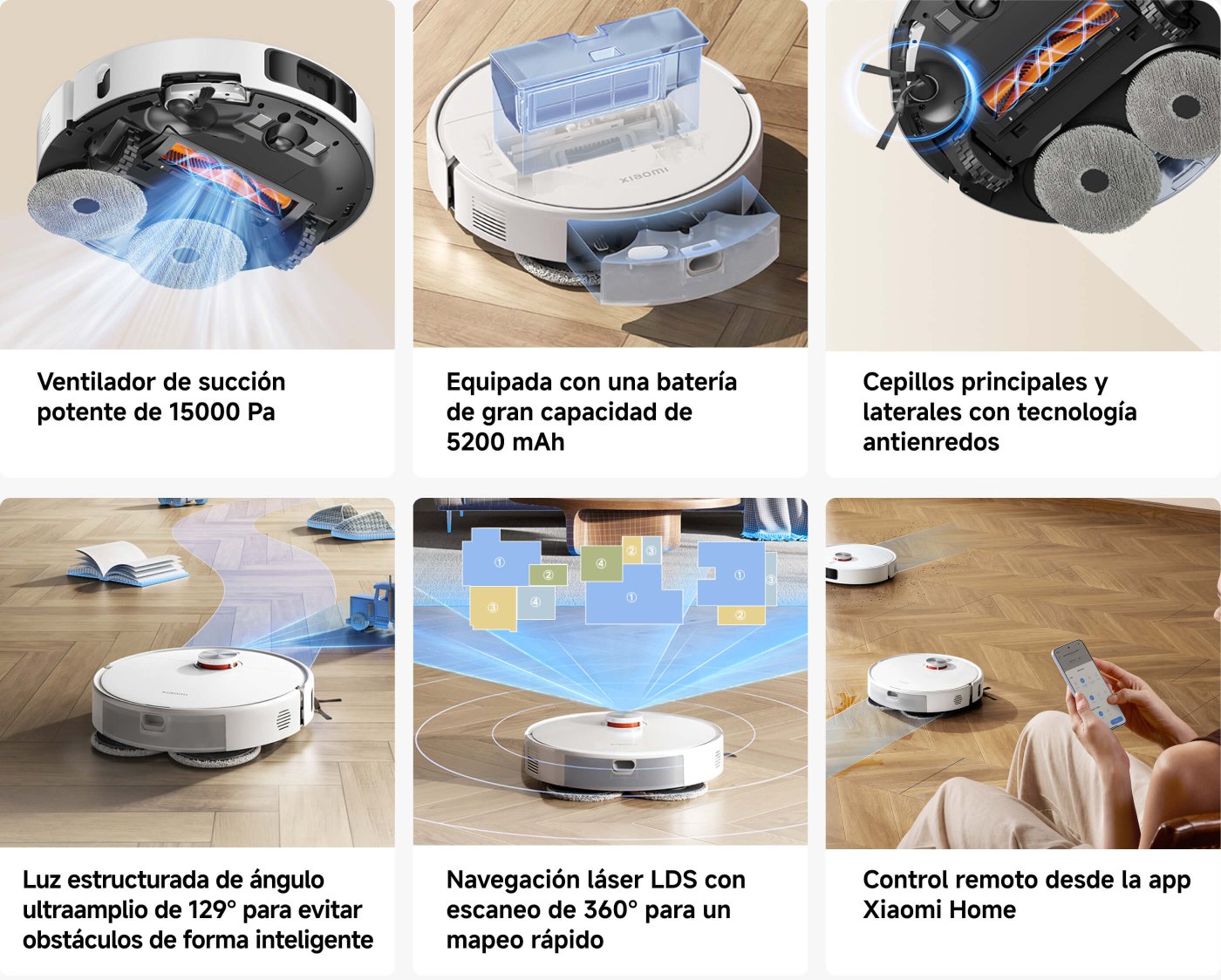 Un robot aspirador con un potente ventilador de succión de 15000 Pa, batería de 5200 mAh y tecnología de cepillos anti enredos. Ofrece luz de ángulo amplio de 129° para evitar obstáculos, navegación láser LDS con escaneo de 360° y control remoto desde la app Xiaomi Home.
