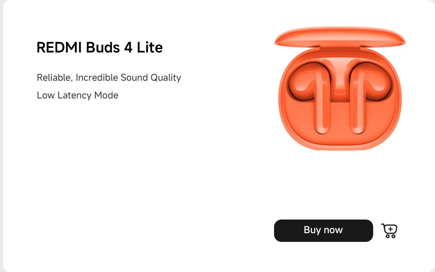تُعرض Redmi Buds 4 Lite مع التركيز على جودتها الصوتية الموثوقة ووضع الكمون المنخفض. يتم عرض سماعات الأذن في علبة الشحن الخاصة بها، وهناك زر "اشترِ الآن" للشراء.