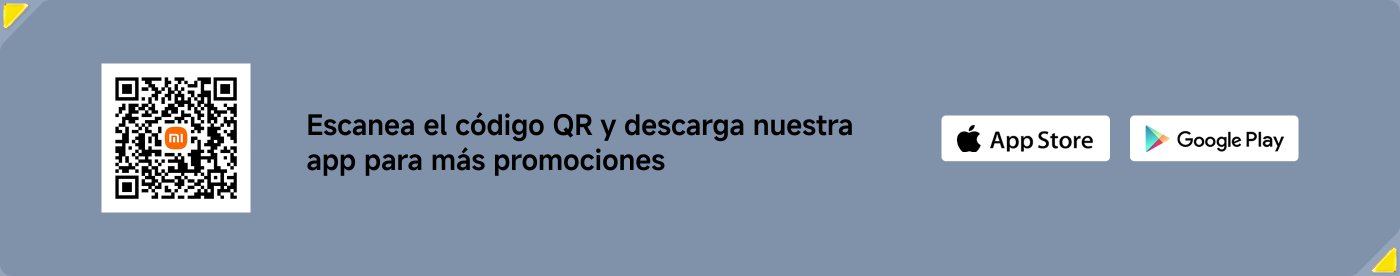 Escanea el código QR y descarga nuestra app para más promociones. También están presentes los íconos para App Store y Google Play.