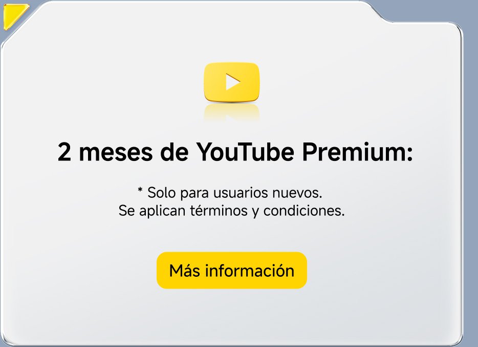Ofrece 2 meses de YouTube Premium para nuevos usuarios, con un aviso de que se aplican términos y condiciones. Hay un botón que dice "Más información".