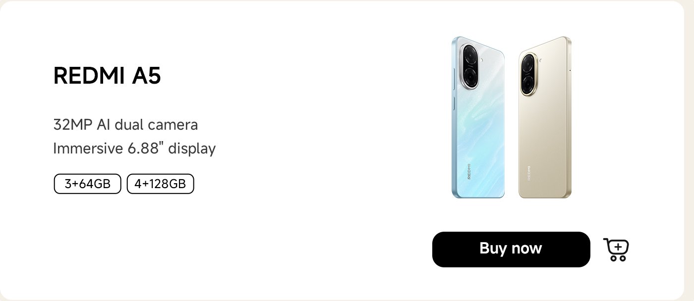 The Redmi A5 phone is showcased in two colors (blue and gold). Specifications include storage options of 3GB+64GB and 4GB+128GB, equipped with a 32MP AI dual camera and a 6.88-inch display. There is a "Buy Now" button at the bottom.