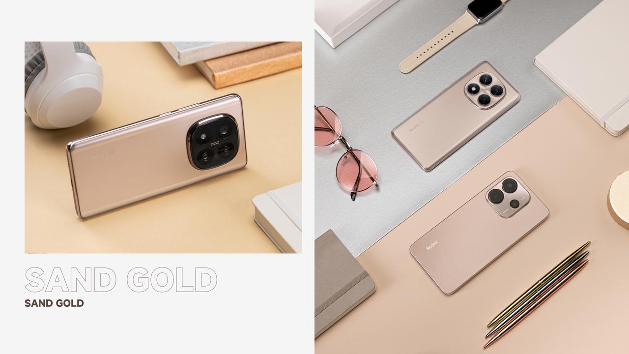A set of images showcasing different electronic products, including a gold phone, headphones, a watch, and stationery, with a minimalist office desktop background. The text "Sand Gold" is displayed on the left side.