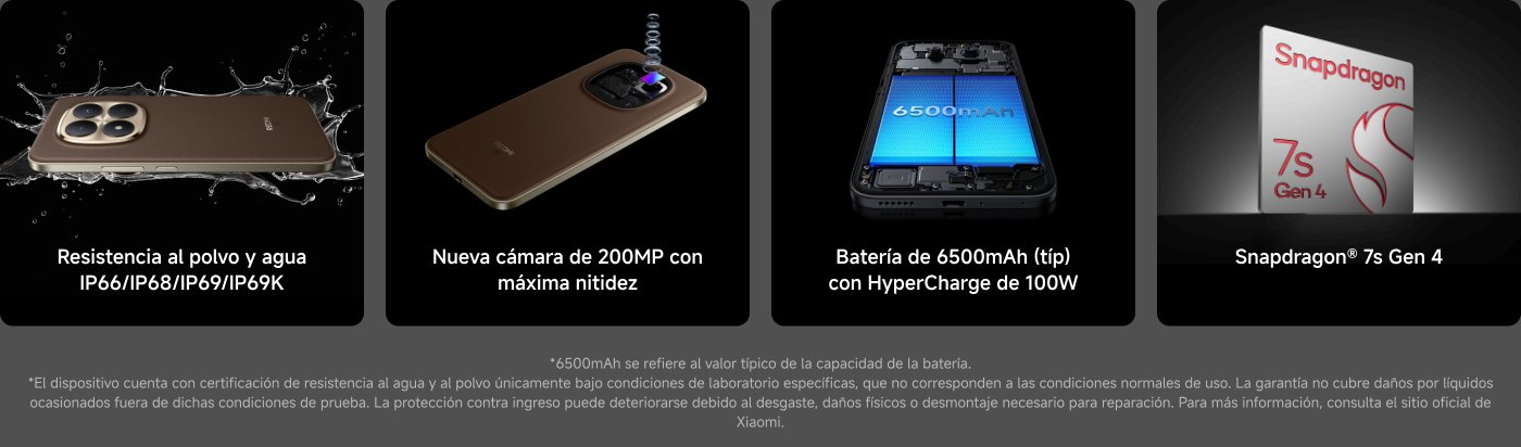 El contenido destaca las características de un dispositivo móvil, incluyendo:

- Resistencia al polvo y agua (certificaciones IP66/IP68/IP69/IP69K).
- Nueva cámara de 200MP con alta nitidez.
- Batería de 6500mAh con carga rápida HyperCharge de 100W.
- Procesador Snapdragon® 7s Gen 4.

También se menciona una advertencia sobre las condiciones de la garantía respecto a daños por líquidos.