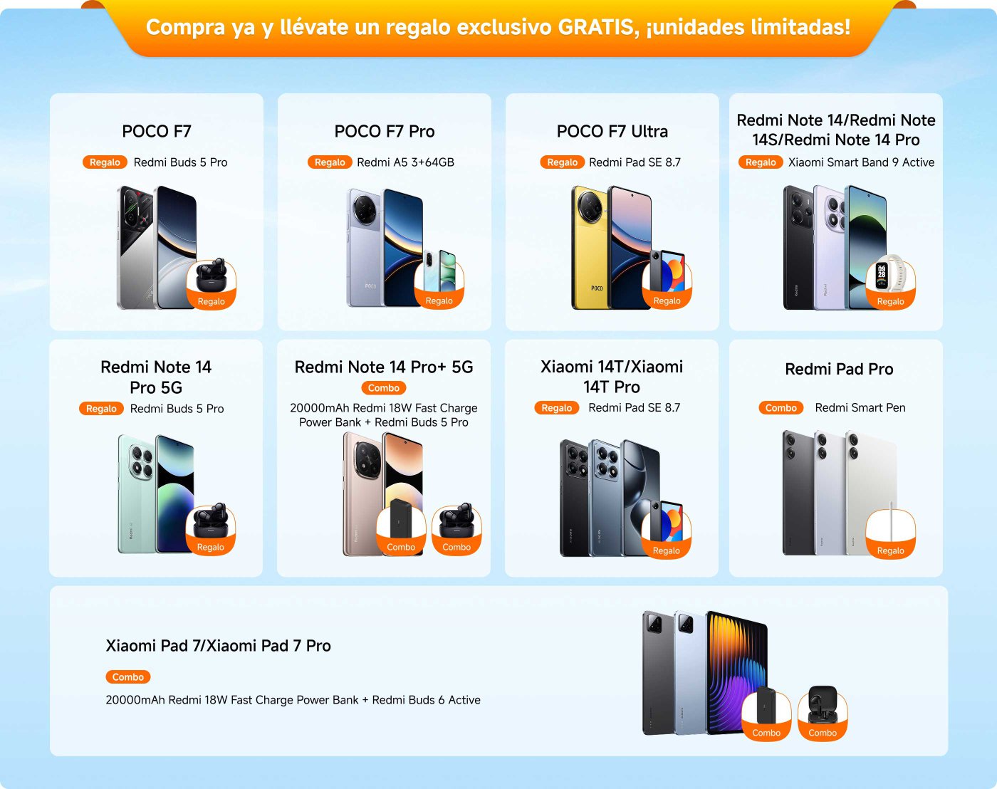 Compra ya y llévate un regalo exclusivo GRATIS, ¡unidades limitadas! Los productos incluyen teléfonos como POCO F7, POCO F7 Pro, y tablets como Redmi Pad Pro, con regalos como Redmi Buds y Power Banks.