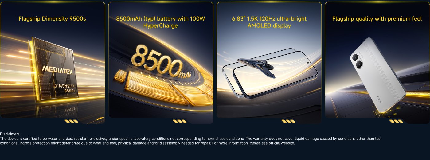 Sebuah gambar promosi yang menyoroti fitur-fitur utama dari sebuah smartphone. Ini menampilkan chipset MediaTek Dimensity 9500s, baterai 8500mAh dengan HyperCharge 100W, dan tampilan AMOLED 6,83" 120Hz. Desainnya menekankan kualitas flagship dan nuansa premium. Penafian mengenai ketahanan terhadap air dan debu disertakan di bagian bawah.