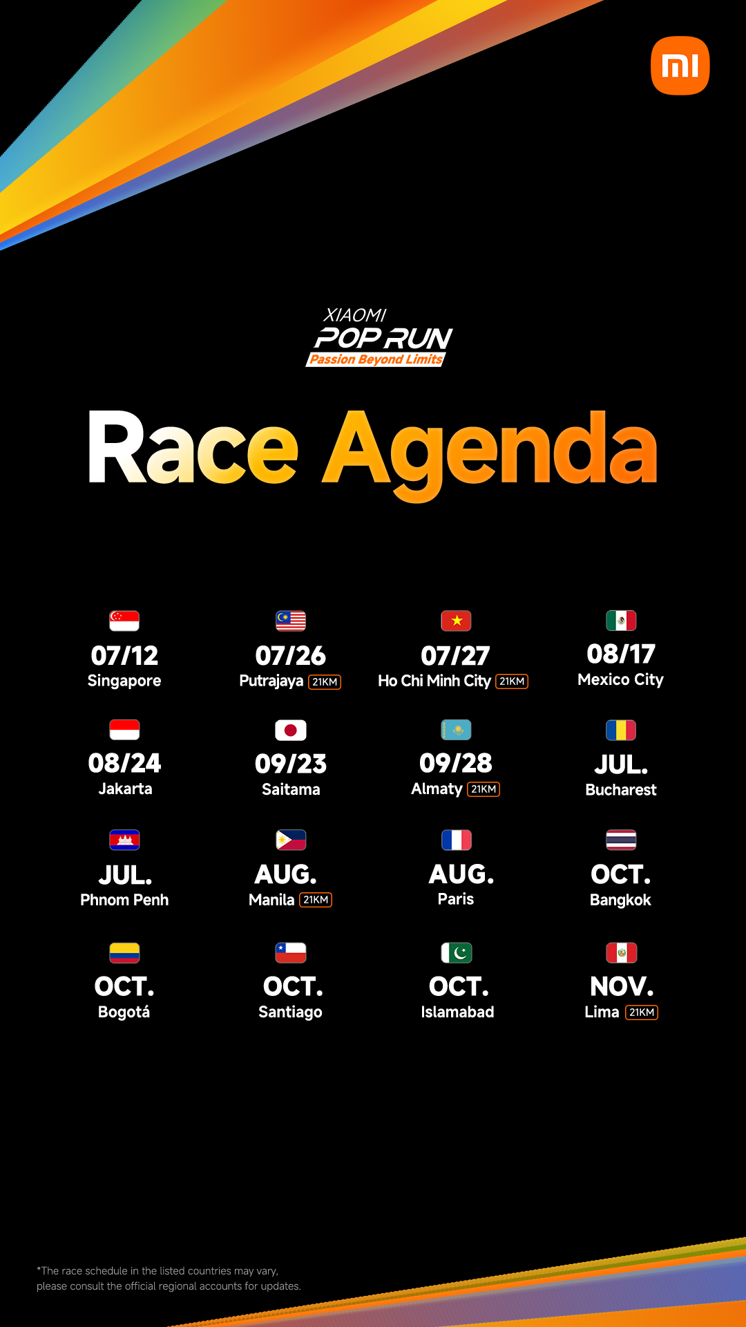 El calendario del evento Xiaomi Pop Run incluye fechas de competiciones en varias ciudades. El evento se llevará a cabo en lugares como Singapur, Malasia, Vietnam y México, abarcando un recorrido de 21 kilómetros. Tenga en cuenta que el calendario del evento puede estar sujeto a cambios.