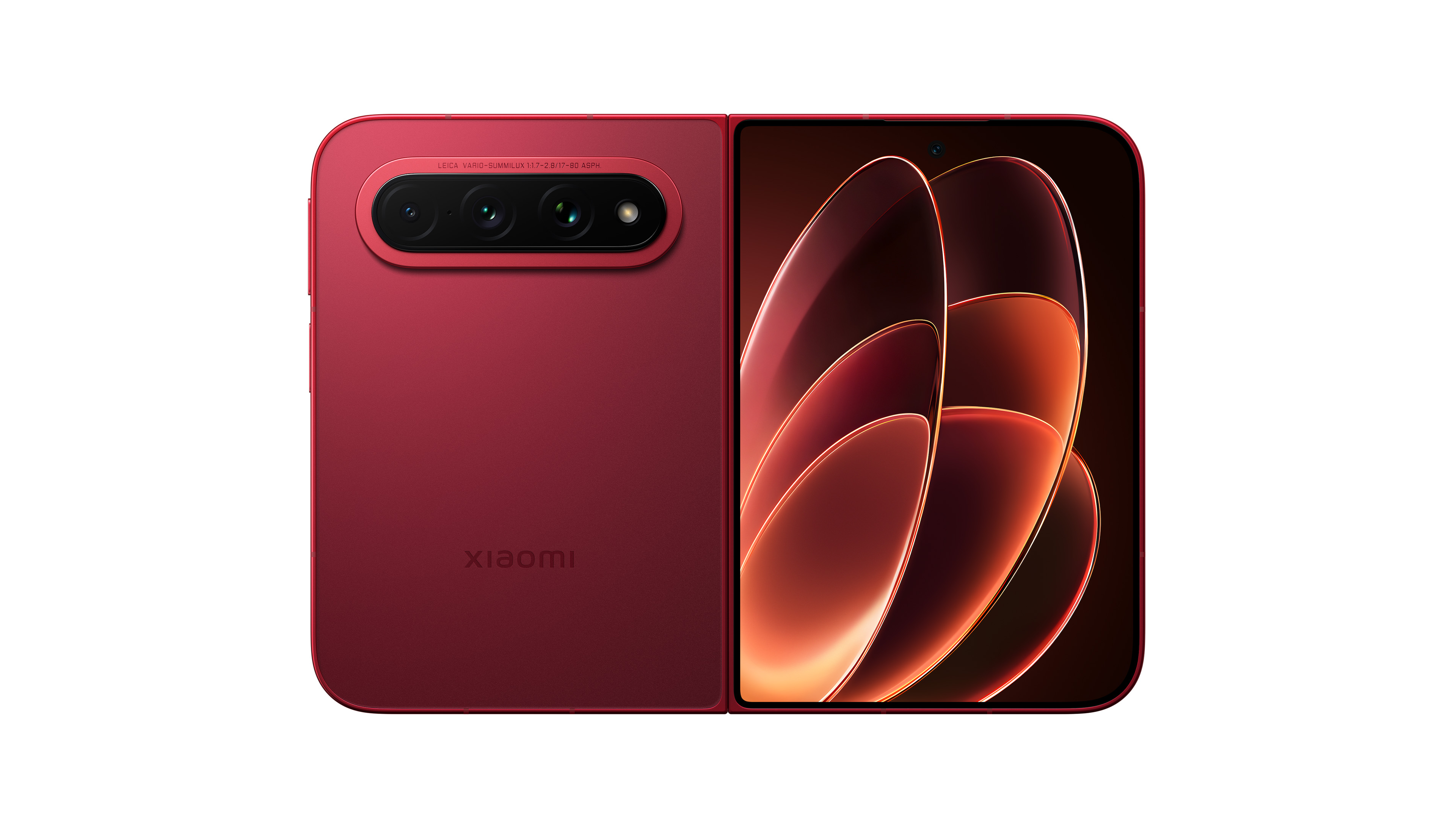 The red phone showcases its foldable design, with the screen opened to display the internal interface, and three camera modules on the back. The overall appearance is minimalist and modern.