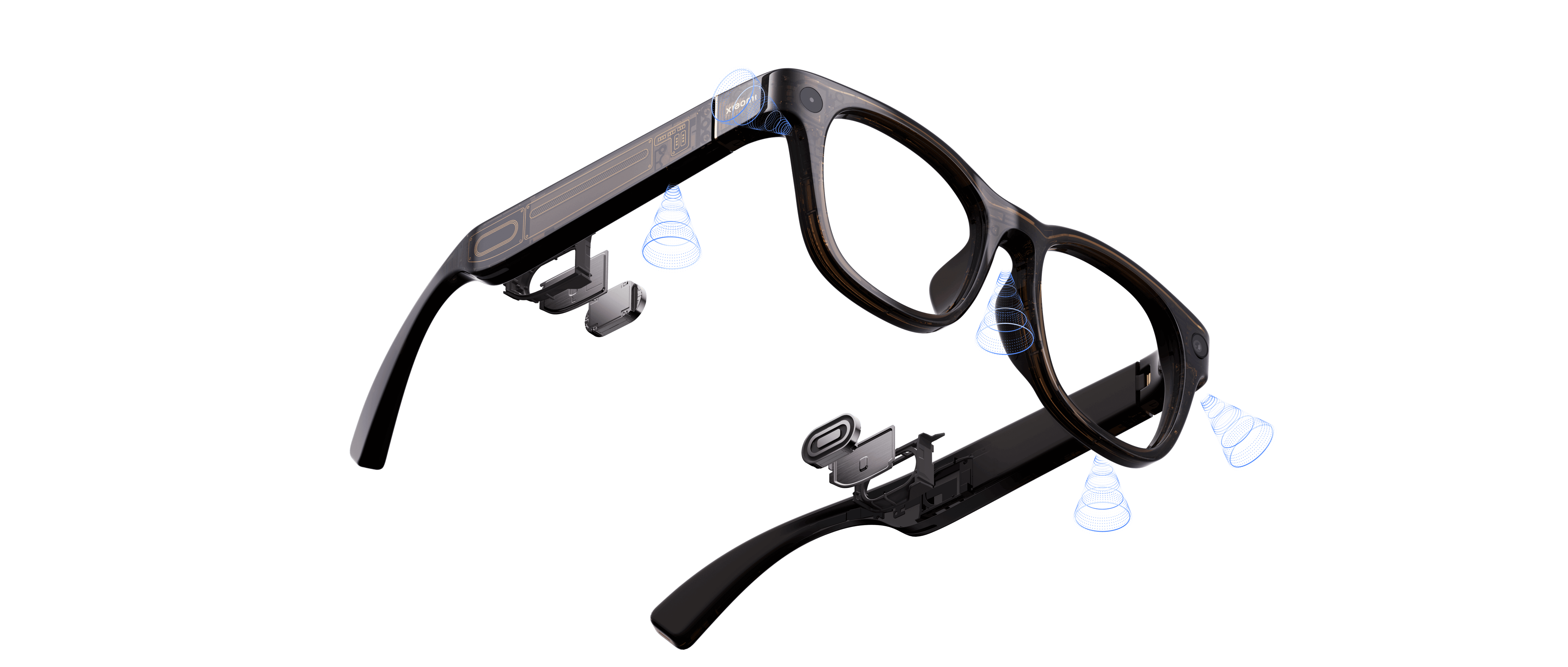 A pair of black smart glasses, showcasing their internal structure, equipped with blue light sources and sensor components.