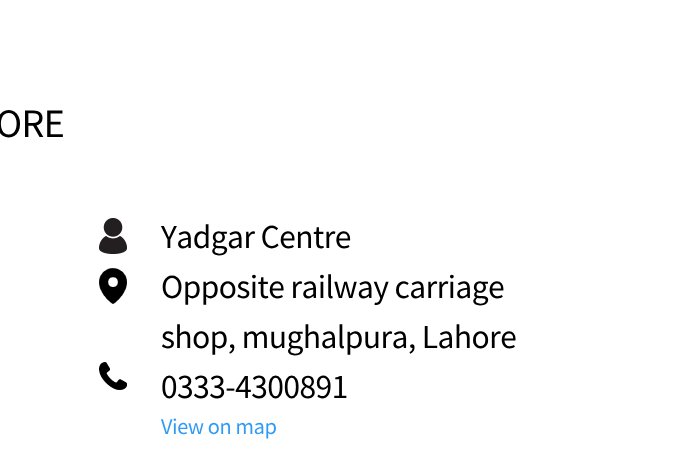 Yadgar Centre, located in Lahore Mughalpura, opposite the railway carriage shop, contact number 0333-4300891.