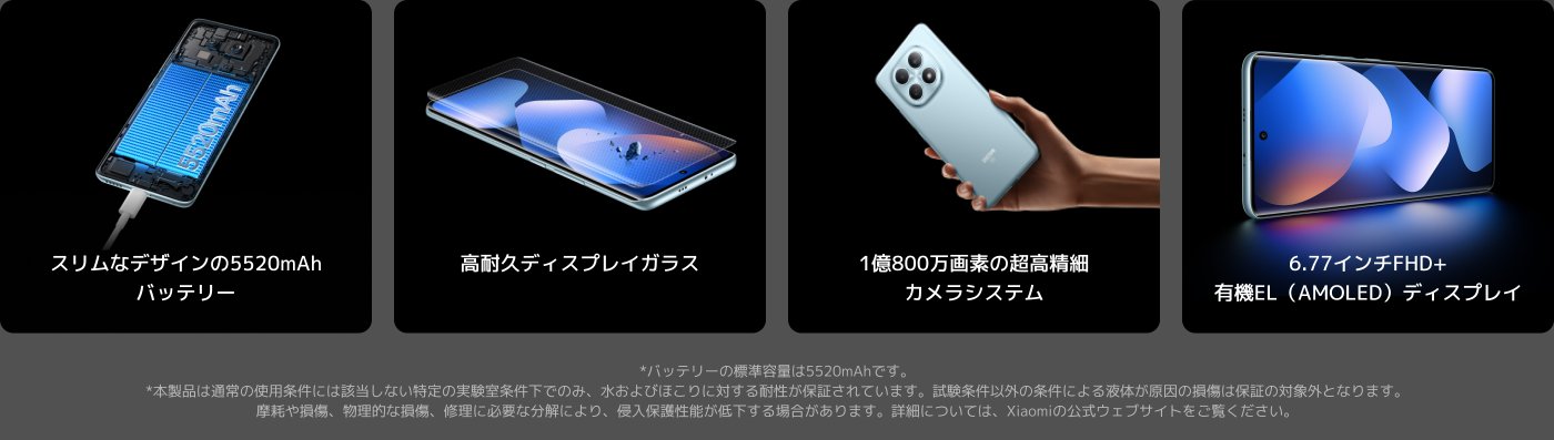 内容には、スマートフォンの特性と技術仕様が含まれています：

- 5520mAhのバッテリー、薄型設計。
- 高耐久性のディスプレイガラス。
- 1800万画素の超高精細カメラシステム。
- 6.77インチFHD+ AMOLEDディスプレイ。

バッテリーの使用条件と耐久性に関する注意事項もあります。