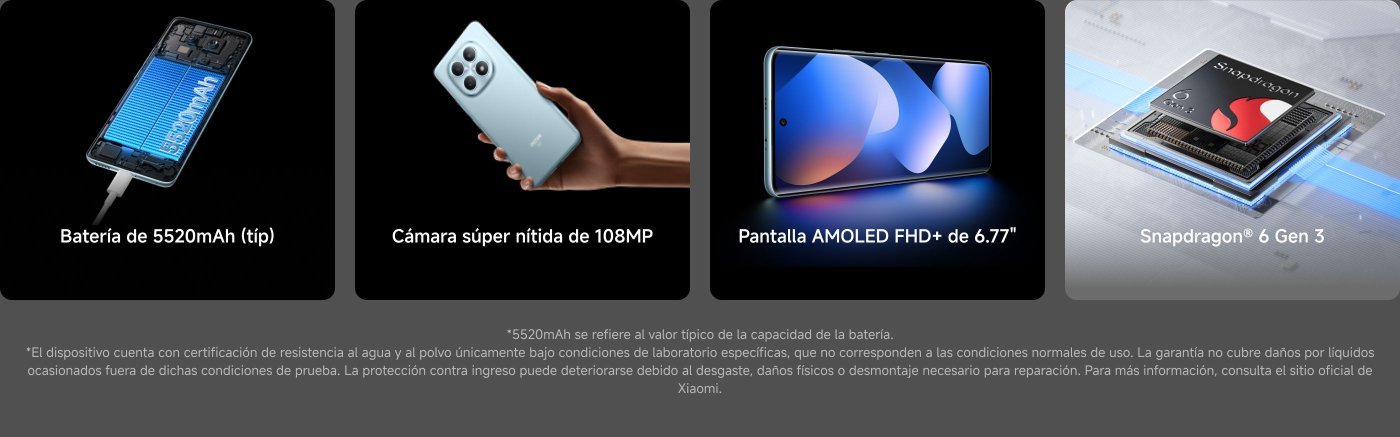 El contenido presenta características destacadas de un dispositivo móvil, incluyendo:

- Batería de 5520mAh.
- Cámara de 108MP.
- Pantalla AMOLED FHD+ de 6.77 pulgadas.
- Procesador Snapdragon® 6 Gen 3.

Además, se incluyen notas sobre la certificación de resistencia al agua y al polvo, y advertencias sobre la garantía.