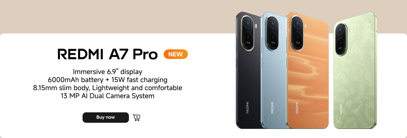 The image showcases the REDMI A7 Pro smartphone, highlighting its features: a 6.9" immersive display, a 6000mAh battery with 15W fast charging, an 8.15mm slim body, and a 13 MP AI Dual Camera system. The phone is available in multiple colors. There is a "Buy now" button prominently displayed.